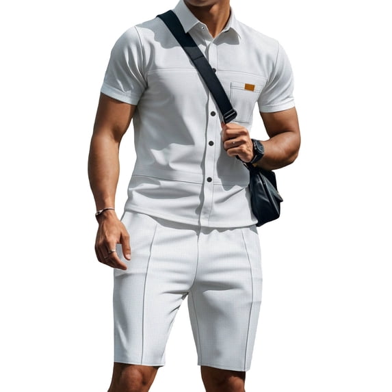 BLTIBY Men Summer Sets Outfits 2 Piece Waffle Button down Lapel Shirts and Shorts Tracksuits Soft Resort Wear White L