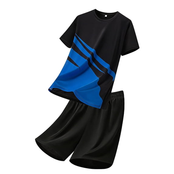 BLTIBY Men's 2 Piece Outfits Summer Mesh Short Sleeve T Shirt and Short Sets Breathable Tracksuit Sportswear Blue L