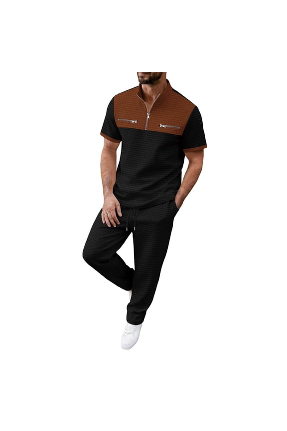 Men's 2 Piece Sets Walking Suits Waffle Quart Zip Short Sleeve T-Shirts Drawstring Pants Outfits with Pockets Black L