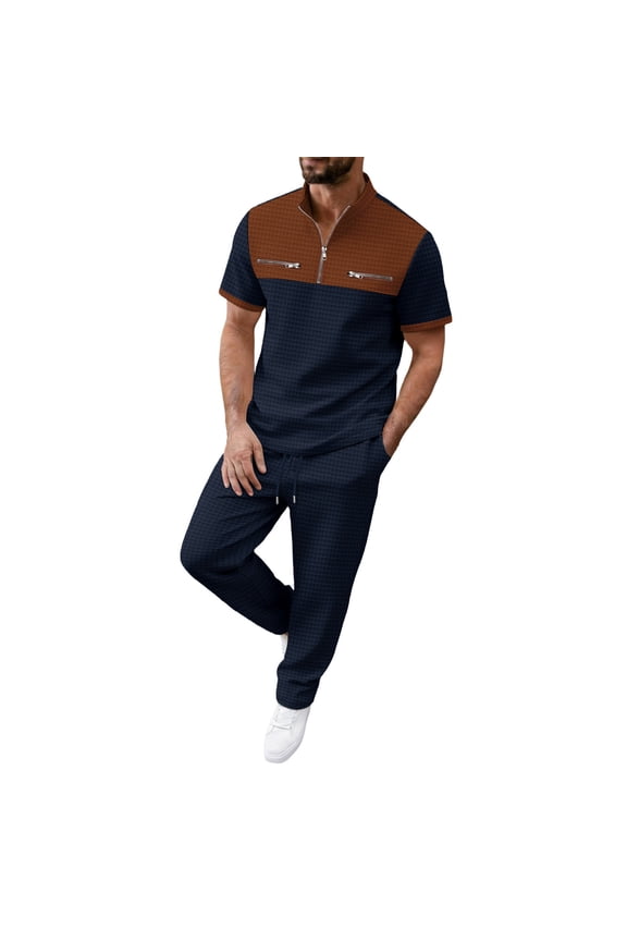 Men's 2 Piece Sets Walking Suits Waffle Quart Zip Short Sleeve T-Shirts Drawstring Pants Outfits with Pockets Navy M