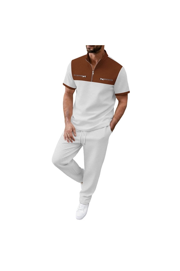 Men's 2 Piece Sets Walking Suits Waffle Quart Zip Short Sleeve T-Shirts Drawstring Pants Outfits with Pockets White S