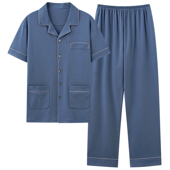 BLTIBY Men's 2PC Cotton Set Plus Size V Neck Button Short Sleeve Pants Loungwear Sets Comfortable Navy 4XL
