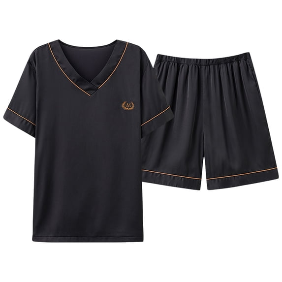 BLTIBY Men's 2PC Satin Set Plus Size V Neck Short Sleeve Shorts Loungwear Sets Comfortable Black L