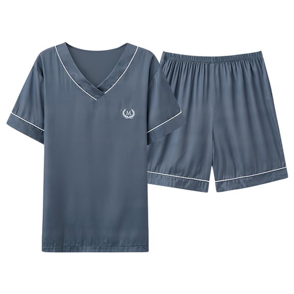 BLTIBY Men's 2PC Satin Set Plus Size V Neck Short Sleeve Shorts Loungwear Sets Comfortable Navy XXL