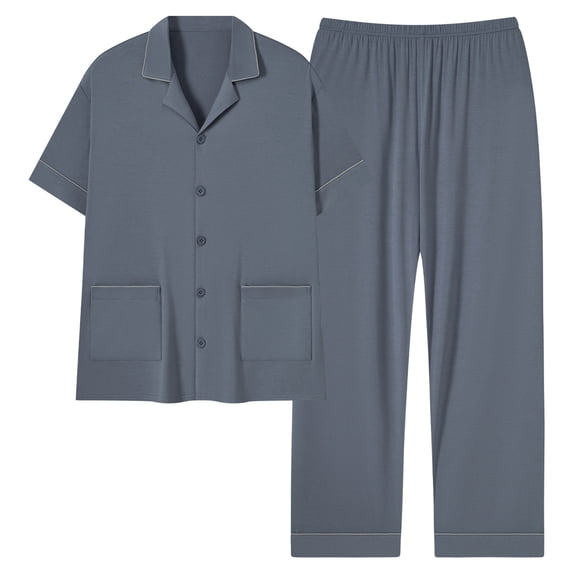 BLTIBY Men's Button Down Pajamas Set Soft Classic Lapel Sleepwear Short Sleeve Top & Pants Outfits with Pockets Gray XL