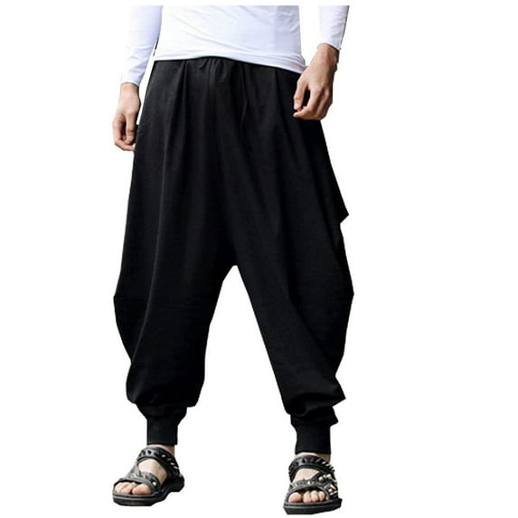 BLTIBY Men's Casual Pants Summer Autumn Wide Leg with Pockets Solid Color Elastic Waist Loose Comfortable Lightweight Breathable Trousers Sweatpants Large Size Hippie Clothes Black 3 M