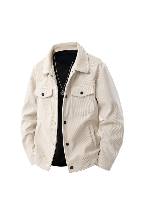 Men's Corduroy Jacket Solid Color Button Down Lapel Coat Casual Fashion Overcoat with Pockets Beige 4XL