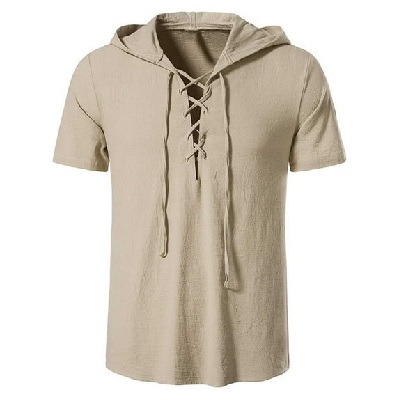 BLTIBY Men's Cotton Linen Hooded Shirt Short Sleeve V-Neck Drawstring Hoodies T-Shirts Lightweight Hippie Yoga Tee Tops Khaki L