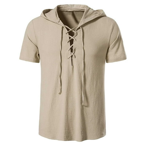 BLTIBY Men's Cotton Linen Hooded Shirt Short Sleeve V-Neck Drawstring Hoodies T-Shirts Lightweight Hippie Yoga Tee Tops Khaki XL