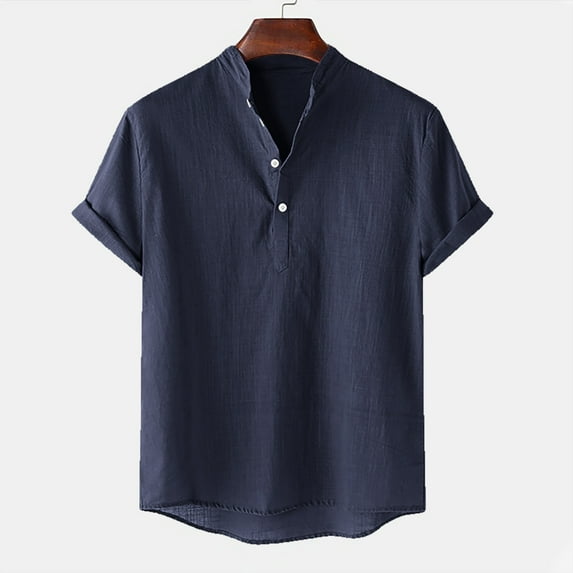 BLTIBY Men's Cotton Linen Shirts Summer Solid Color Short Sleeve Button Up Blouse Fashion Lightweight Tops 2025 Navy M