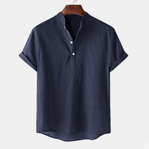 BLTIBY Men's Cotton Linen Shirts Summer Solid Color Short Sleeve Button Up Blouse Fashion Lightweight Tops 2025 Navy M