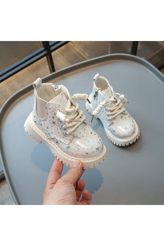 Girls Ankle Boot Side Zipper Combat Lace Up Boots Non Slip Star Printed Comfort Short Boots for Toddler Little Kid Big Kid White 3-3.5 Years