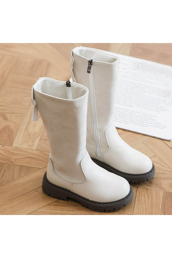 Girls Riding Boots Fall Winter Long Bow Boot Fashion Waterproof Faux Leather Side Zipper Booties for Little Kid Big Kid White 10-10.5 Years