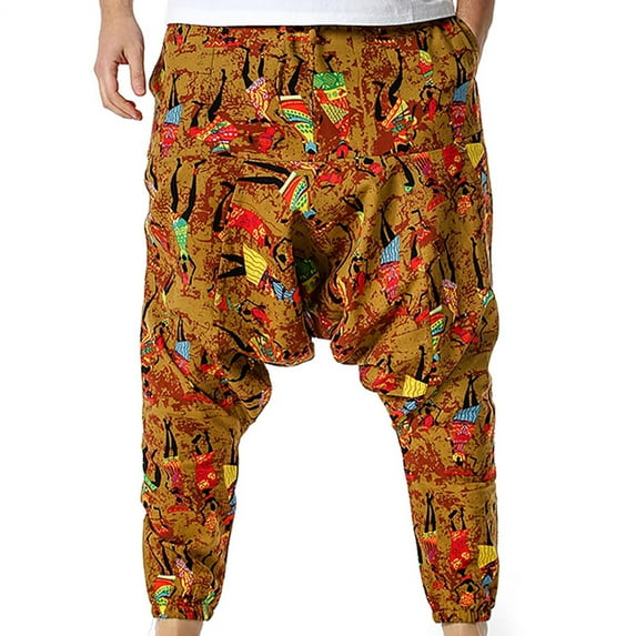 BLTIBY Men's Haren Yoga Pants Hanging Pants Lantern Pants Fashion Baggy Casual Wide Leg Low Crotch Drawstring Pirate Costume Hippie Clothes Summer Beach Pants with Pockets Gold 2 2XL