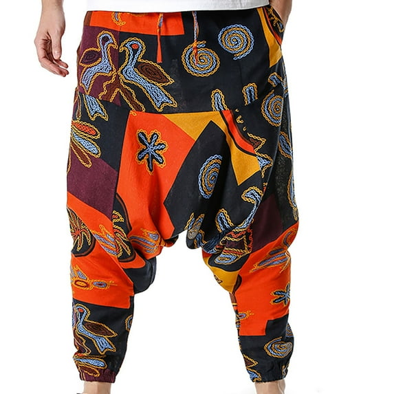 BLTIBY Men's Haren Yoga Pants Hanging Pants Lantern Pants Fashion Baggy Casual Wide Leg Low Crotch Drawstring Pirate Costume Hippie Clothes Summer Beach Pants with Pockets Orange 2 L