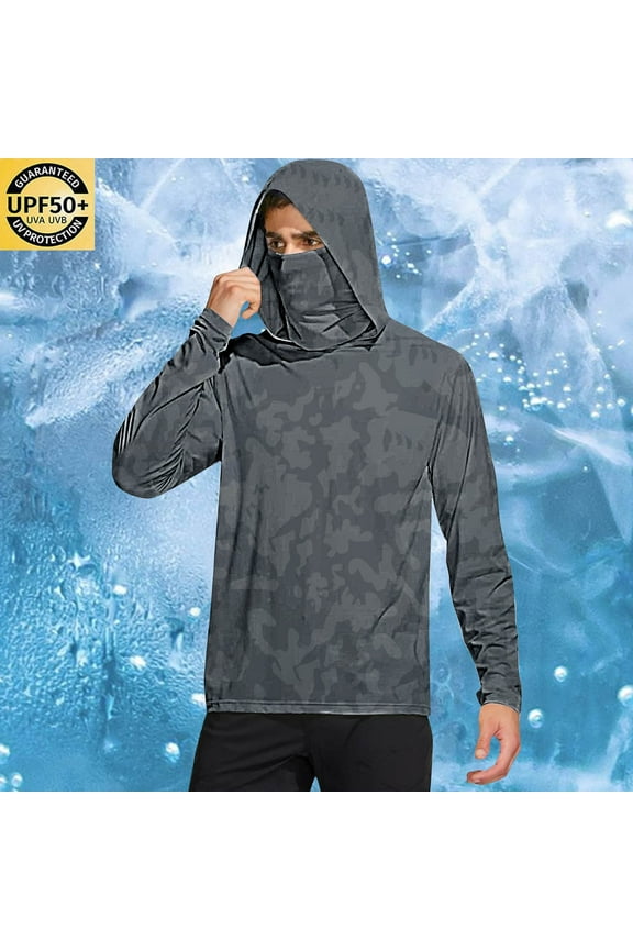 Men's Hooded Sun Shirts Summer Fishing Shirt Long Sleeve Solid Color Rash Guards Cooling Hiking Shirts with Mask Breathable Lightweight Tops Dark Gray XXL