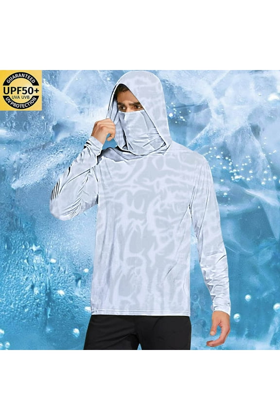 Men's Hooded Sun Shirts Summer Fishing Shirt Long Sleeve Solid Color Rash Guards Cooling Hiking Shirts with Mask Breathable Lightweight Tops White XL