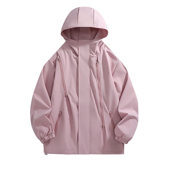 BLTIBY Men's Japanese Cargo Rain Jacket Outdoor Waterproof Hooded Jackets Lightweight Windbreaker with Zipper Pockets Pink M