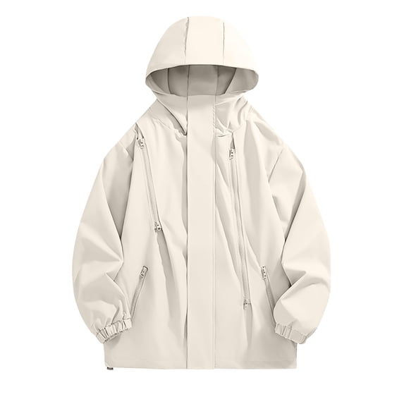 BLTIBY Men's Japanese Cargo Rain Jacket Outdoor Waterproof Hooded Jackets Lightweight Windbreaker with Zipper Pockets White XL