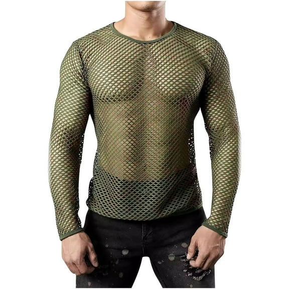 BLTIBY Men's Mesh Fishnet Top Solid Color Long Sleeve Sheer See Through T Shirt Fitted Muscle Blouse Clubwear Fashion Hollow Out Blouse Army Green XXL
