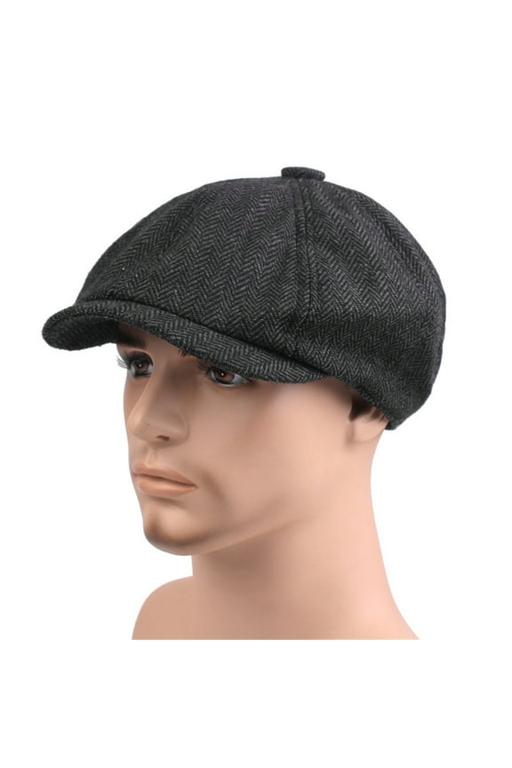 Men's Newsboy Cap Retro Beret 8 Panel Lvy Flat Cap Vintage Warm Irish Cabbie Hat Herringbone Tweed with Ear Flaps Black One Size