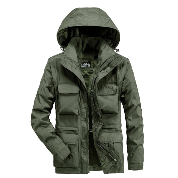 BLTIBY Men's Rain Jacket Military Waterproof Rain Coat Hooded Windbreaker Outdoor Utility Cargo Jackets with Multi Pockets Army Green 4XL