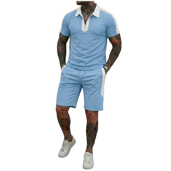 BLTIBY Men's Sets 2 Piece Outfits Lapel Zip Shirt and Drawstring Shorts Set Summer Fashion Casual Short Sleeve Suits Tracksuits with Pockets Sky Blue L