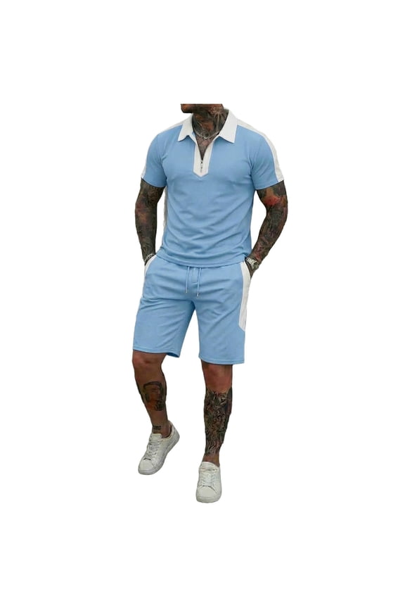 Men's Sets 2 Piece Outfits Lapel Zip Shirt and Drawstring Shorts Set Summer Fashion Casual Short Sleeve Suits Tracksuits with Pockets Sky Blue L