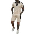 thumbnail image 1 of BLTIBY Men's Sets 2 Piece Outfits Lapel Zip Shirt and Drawstring Shorts Set Summer Fashion Casual Short Sleeve Suits Tracksuits with Pockets Khaki L, 1 of 7