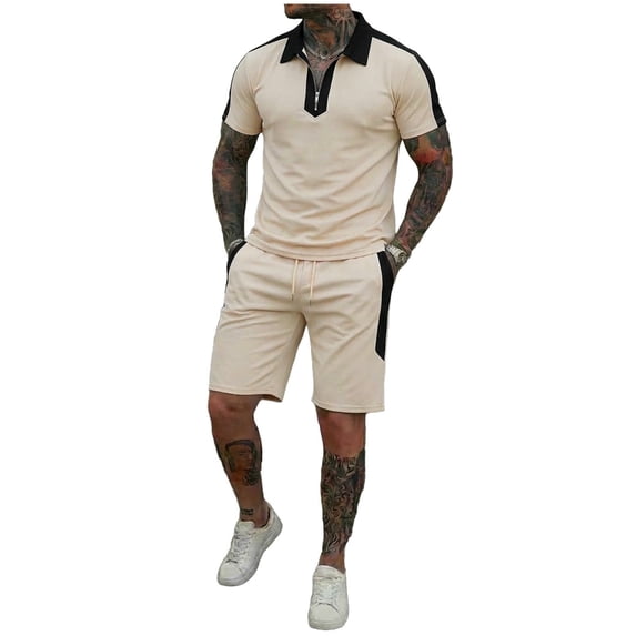 BLTIBY Men's Sets 2 Piece Outfits Lapel Zip Shirt and Drawstring Shorts Set Summer Fashion Casual Short Sleeve Suits Tracksuits with Pockets Khaki L