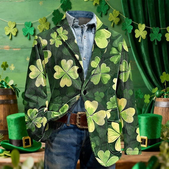 BLTIBY Men's St. Patrick's Day Corduroy Blazer Shamrock Jacket Button Loose Work Lapel Coat with Pockets Green 9 S