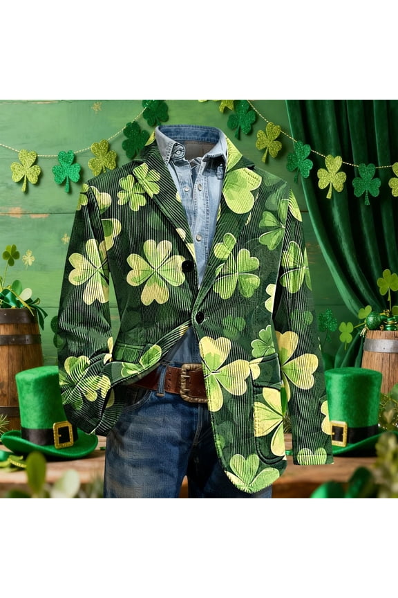 Men's St. Patrick's Day Corduroy Blazer Shamrock Jacket Button Loose Work Lapel Coat with Pockets Green 9 XL