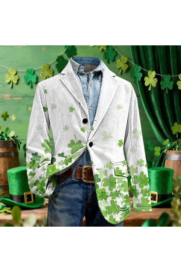 Men's St. Patrick's Day Corduroy Blazer Shamrock Jacket Button Loose Work Lapel Coat with Pockets White 4XL