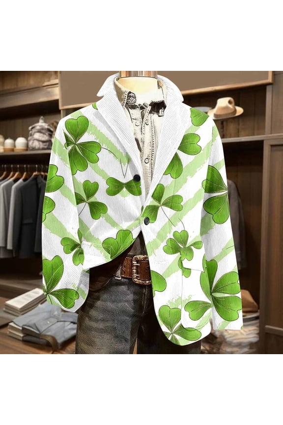 Men's St. Patrick's Day Corduroy Blazer Shamrock Jackets Button Loose Work Lapel Coat with Pockets Green 12 XL