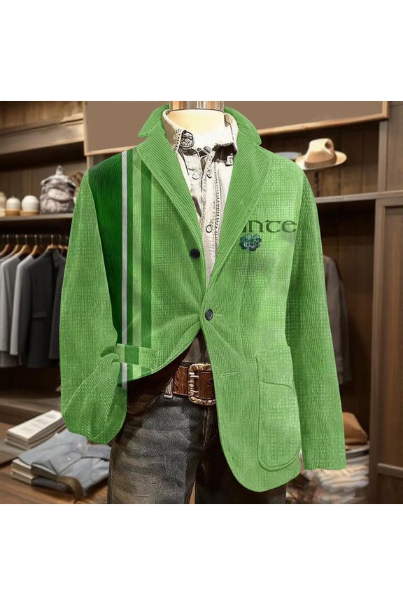 Men's St. Patrick's Day Corduroy Blazer Shamrock Jackets Button Loose Work Lapel Coat with Pockets Green 9 3XL