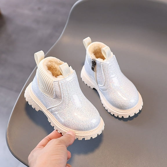 BLTIBY Girls Ankle Chelsea Boots Combat Thicked Fleece Boot Non Slip Printed Sequin Comfort Short Boots for Toddler Little Kid Big Kid White 2.5-3 Years