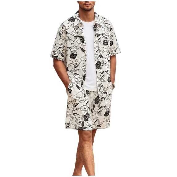 BLTIBY Men's Summer Beach Outfits 2 Piece Printed Short Sleeve Button Shirts and Drawstring Shorts Vacation Sets with Pockets Lightweight Beige XL