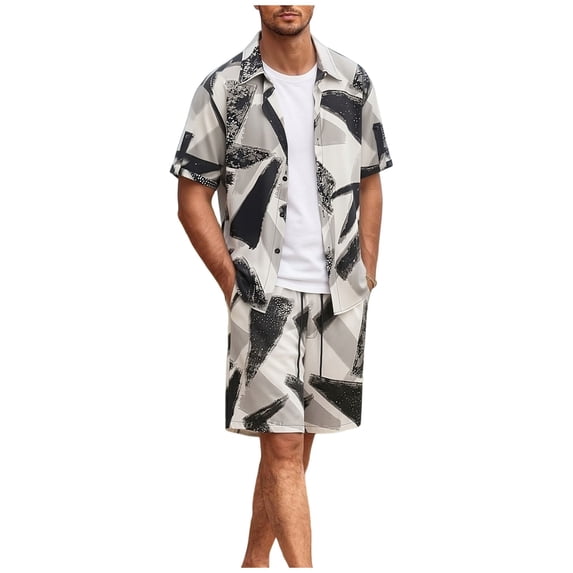 BLTIBY Men's Summer Beach Outfits 2 Piece Printed Short Sleeve Button Shirts and Drawstring Shorts Vacation Sets with Pockets Lightweight Black XXL