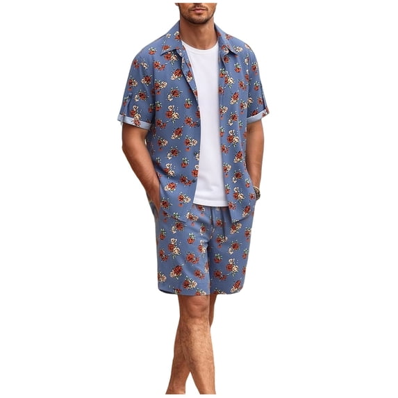 BLTIBY Men's Summer Beach Outfits 2 Piece Printed Short Sleeve Button Shirts and Drawstring Shorts Vacation Sets with Pockets Lightweight Blue 4 3XL