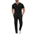 thumbnail image 1 of BLTIBY Men's Summer Sets 2 Piece Outfits Waffle Crewneck V Neck Fitted Lace Up Short Sleeve T-Shirt & Drawstring Cargo Pants Casual Stylish Matching Set with Pockets Black 3XL, 1 of 8