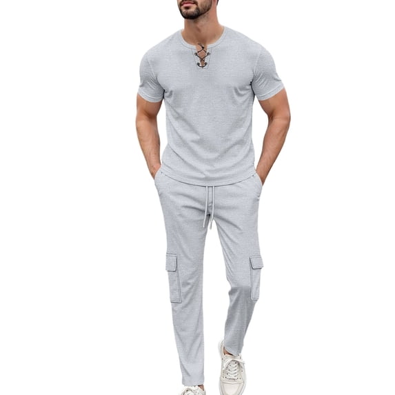 BLTIBY Men's Summer Sets 2 Piece Outfits Waffle Crewneck V Neck Fitted Lace Up Short Sleeve T-Shirt & Drawstring Cargo Pants Casual Stylish Matching Set with Pockets Gray XL