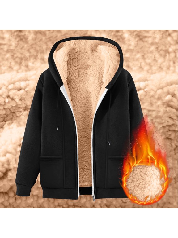 Men's Sweatshirt Jacket Hoodies Winter Sherpa Lined Warm Thicked Fleece Zip Up Coat Drawstring Outwear with Pockets Black L