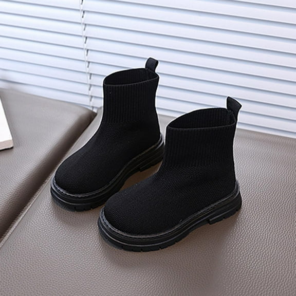 BLTIBY Girls Knitting Ankle Boots Platform Chunky Slip Resistant Breathable Casual Shoes Fashion Chelsea Boots Black 3.5-4 Years