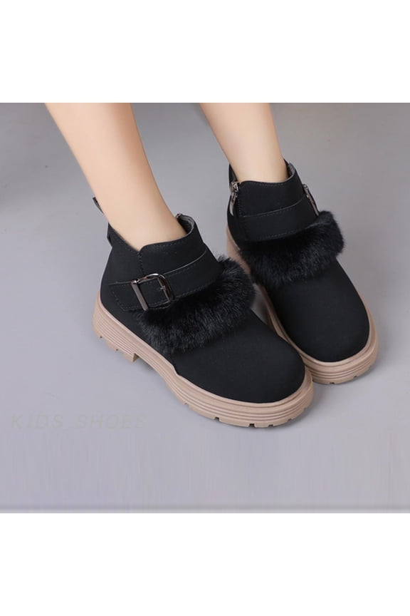 Girls Winter Snow Boots Warm Ankle Boot Round Toe Side Zipper Combat Shoes with Low Heel Booties Outdoor Black 6.5-7 Years