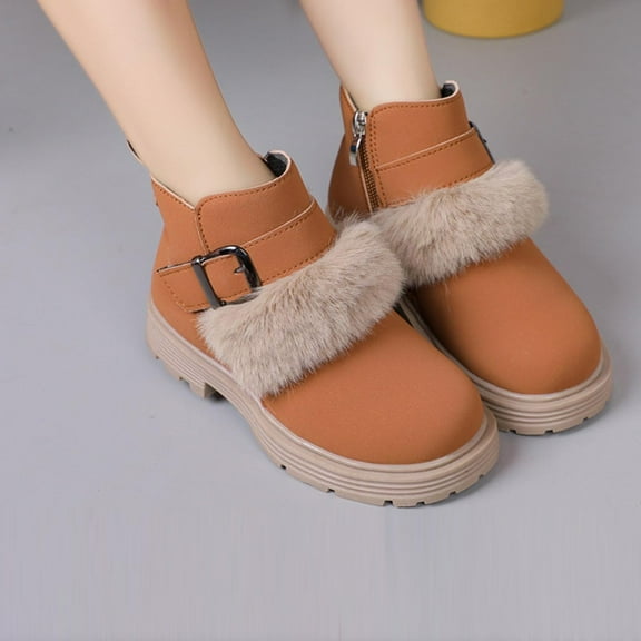 BLTIBY Girls Winter Snow Boots Warm Ankle Boot Round Toe Side Zipper Combat Shoes with Low Heel Booties Outdoor Coffee 10-10.5 Years