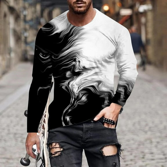 BLTIBY Men's Sweatshirt Spring Fall Gradient Printed Sports Pullover Round Neck Long Sleeve Top Fashin Casual Blouse Tops Black L