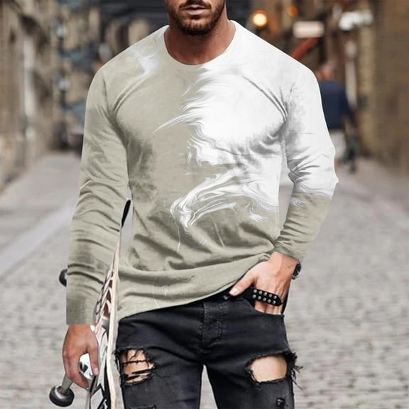 BLTIBY Men's Sweatshirt Spring Fall Gradient Printed Sports Pullover Round Neck Long Sleeve Top Fashin Casual Blouse Tops Khaki 3XL