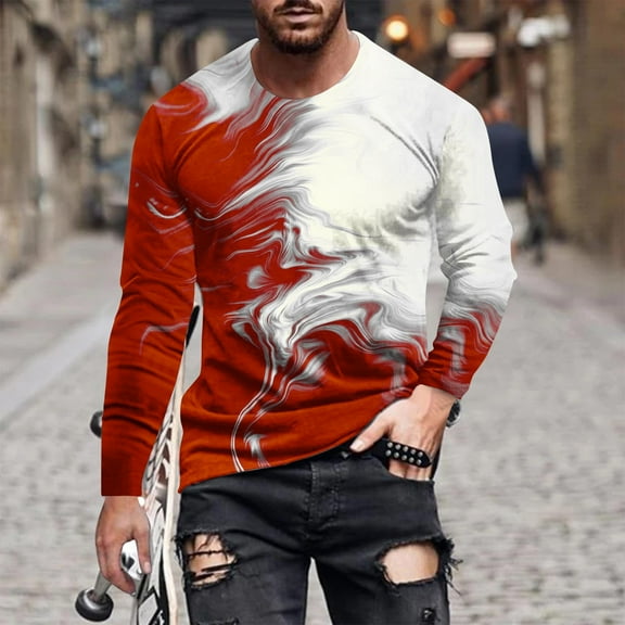BLTIBY Men's Sweatshirt Spring Fall Gradient Printed Sports Pullover Round Neck Long Sleeve Top Fashin Casual Blouse Tops Red 3XL