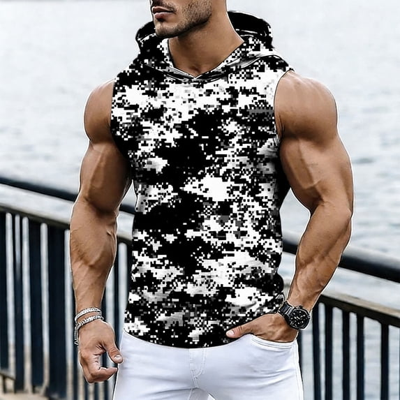 BLTIBY Men's Tank Tops Sleeveless Gym Training Pullover Camo Hooded Workout Bodybuilding Muscle T Shirt Black 2 XL