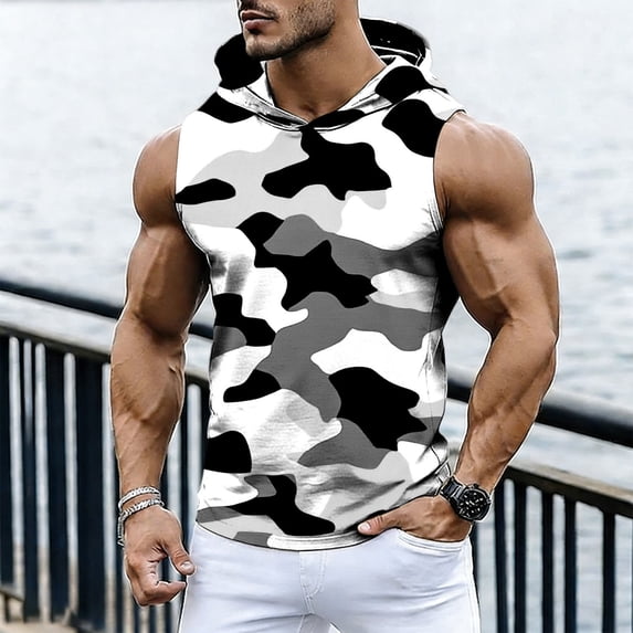 BLTIBY Men's Tank Tops Sleeveless Gym Training Pullover Camo Hooded Workout Bodybuilding Muscle T Shirt Black 4 M